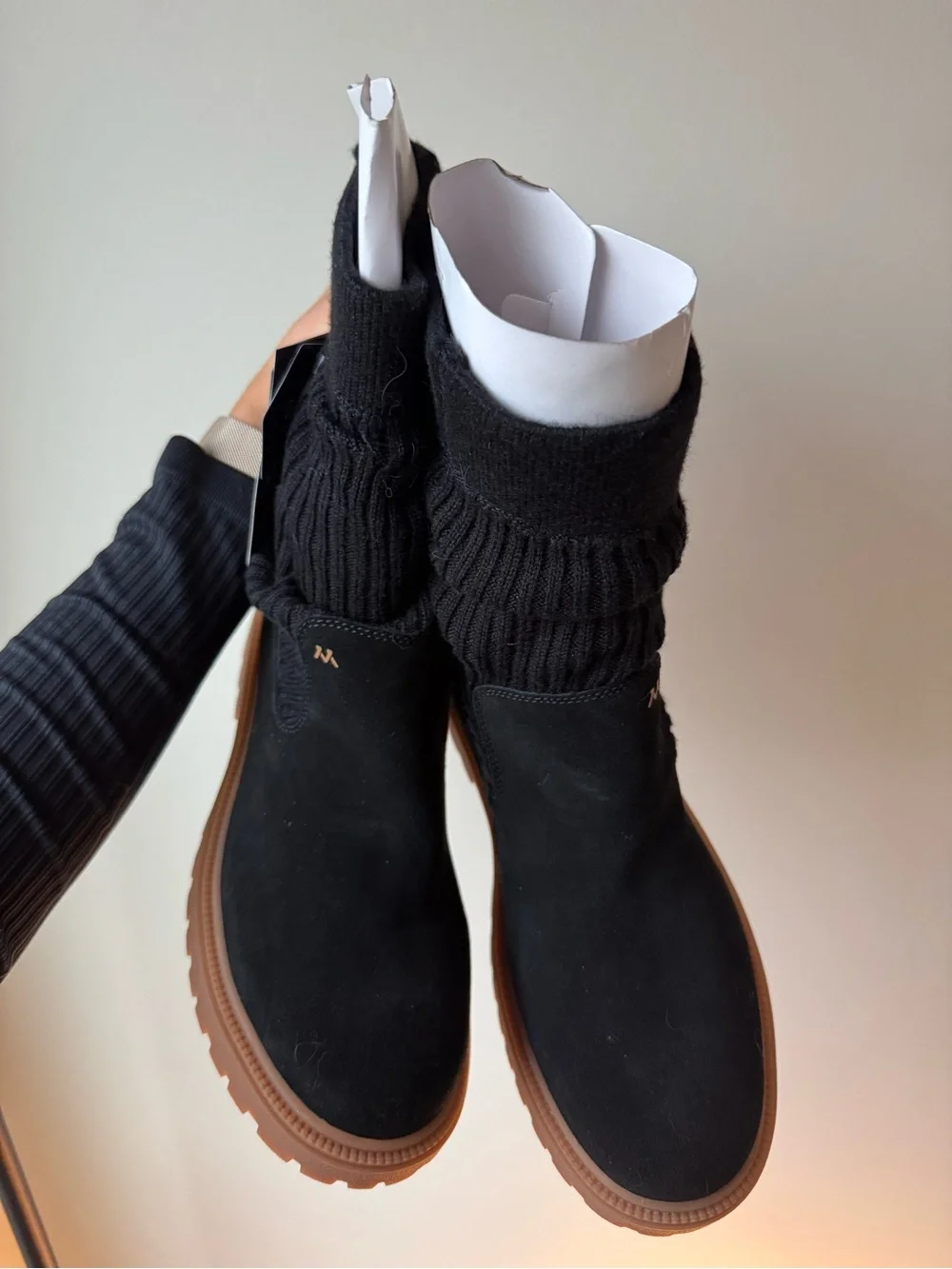 Black Suede Knit Ankle Boots with Brown Lug Sole